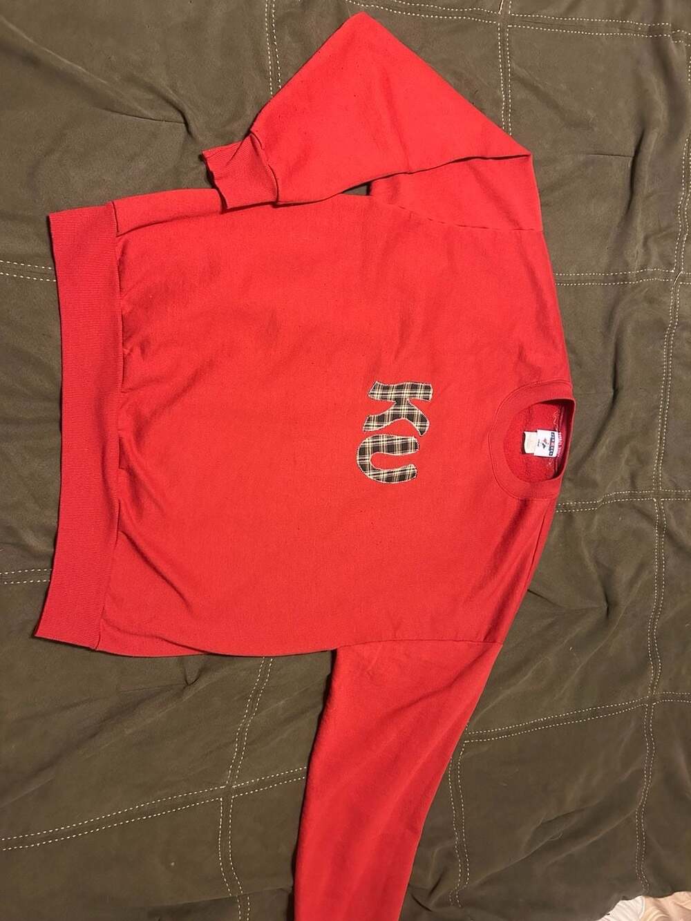 Vintage Jerzees NuBlend Red KU University of Kansas Plaid Applique Sweatshirt XL
